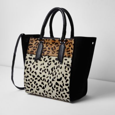 Black leopard print leather tote bag